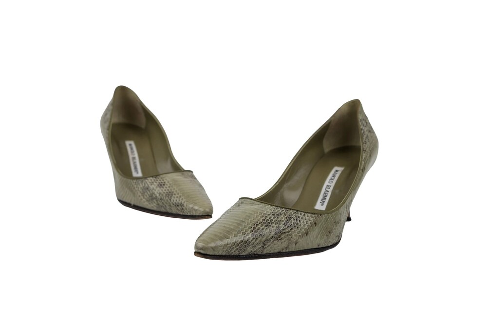 Manolo Blahnik Green Pointed-Toe Pumps Snakeskin Size 41